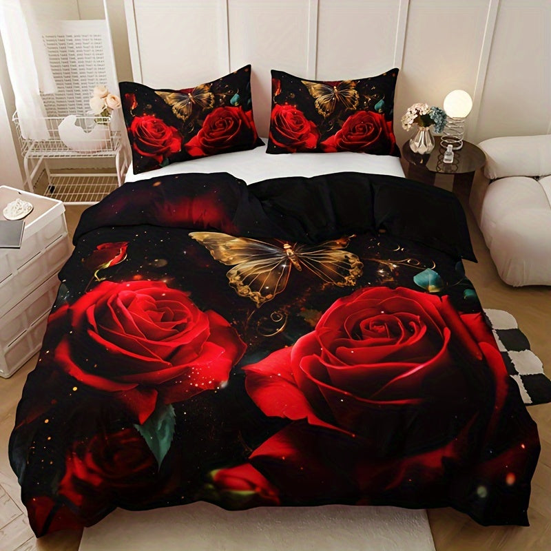 3-piece Romantic Rose Butterfly 3D Duvet Cover Set with 2 Pillowcases. Soft and breathable with HD printing for home or dorm decor.