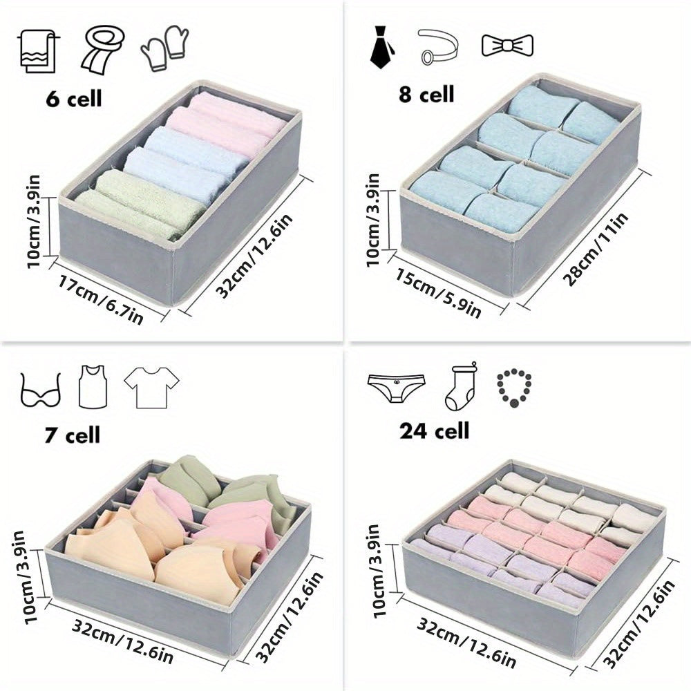 Fabric sock compartment box with 1 piece and 6/7/8/24 grids for divided storage. Keeps your underwear and socks organized and easily accessible without the need for a cover. This foldable storage box is perfect for underwear, socks, and other clothing