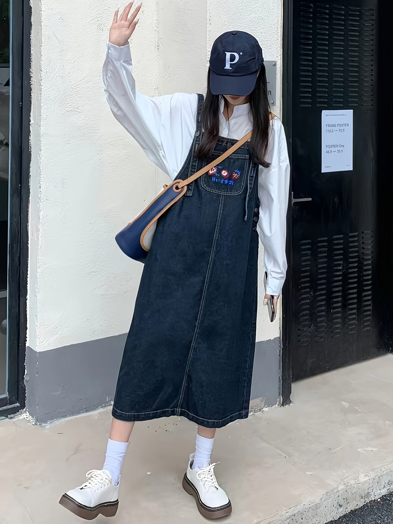 Women's dark washed denim overalls dress with cute strawberry embroidery pocket, loose fit, and casual style.