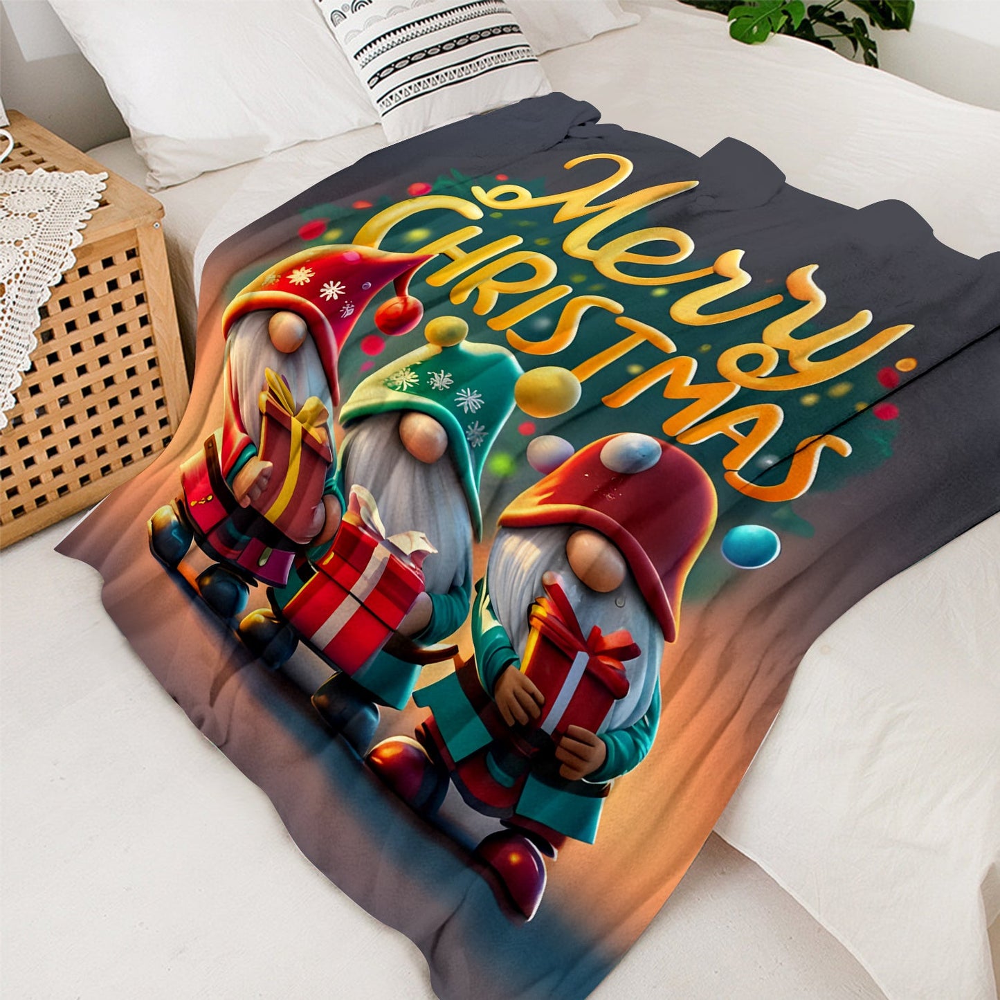 Celebrate the Holidays with a Cozy Printed Flannel Blanket featuring Christmas Gnomes & Gifts - Perfect for Sofa, Office, Bed, Camping, and Travel - Stay Warm and Stylish with Soft Polyester Cover and Light Fabric Weight of 200-250g.