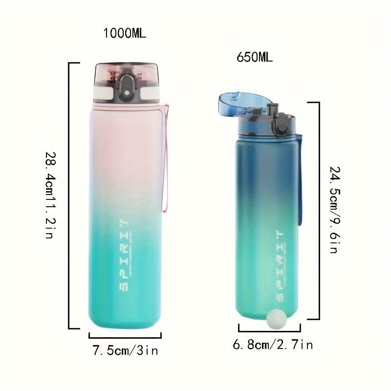 650ml/1000ml portativ suv shishasi, oqmas gradient dizayni bilan, ochiq havoda faoliyatlar va sayohatlar uchun mukammal. PVC-siz plastikdan tayyorlangan va dumaloq shaklga ega.