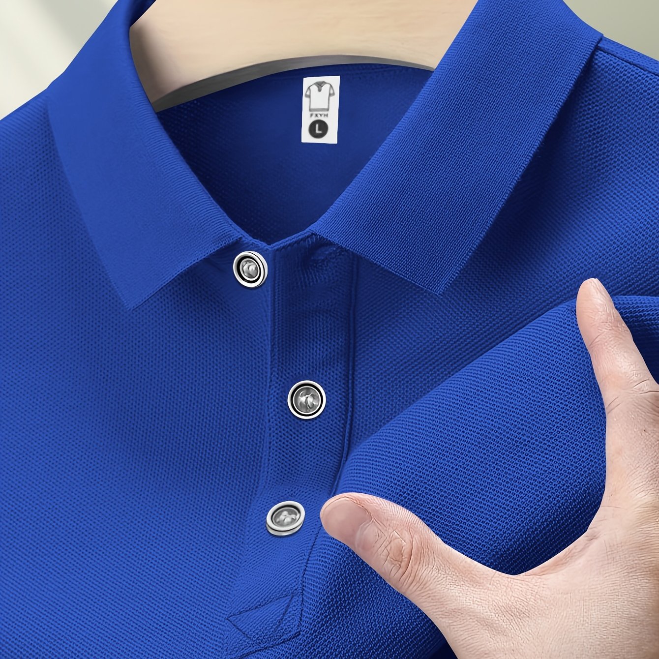 Classic blue men's shirt made of comfortable polyester, perfect for summer activities, machine washable.