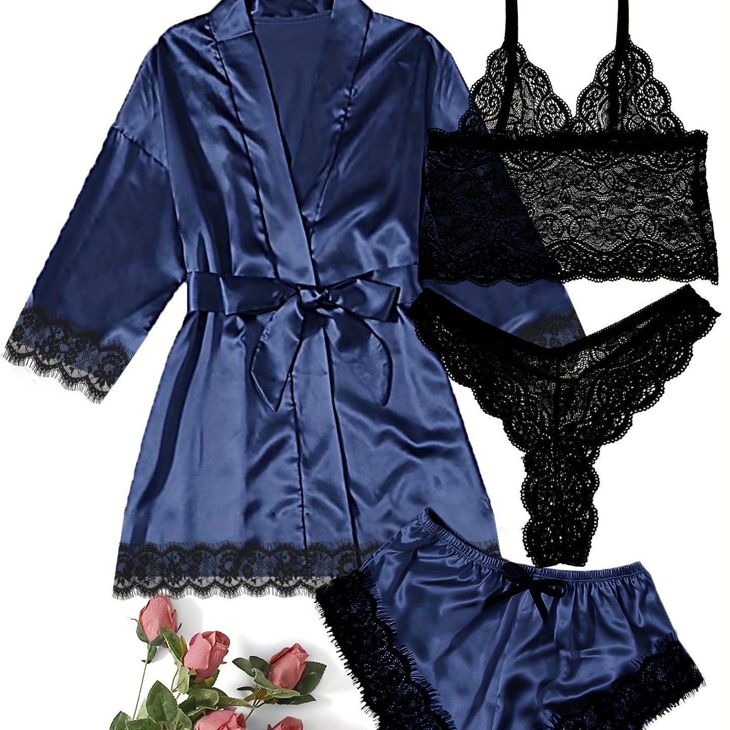 Women's loungewear set with lace detailing, robe, V neck cami, panties, and shorts.