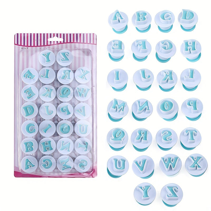 Set of 26 baking pastry molds including uppercase and lowercase alphabet letters, numbers, and cookie fondant cutters. Perfect for creating baked goods and decorating cakes and cupcakes.