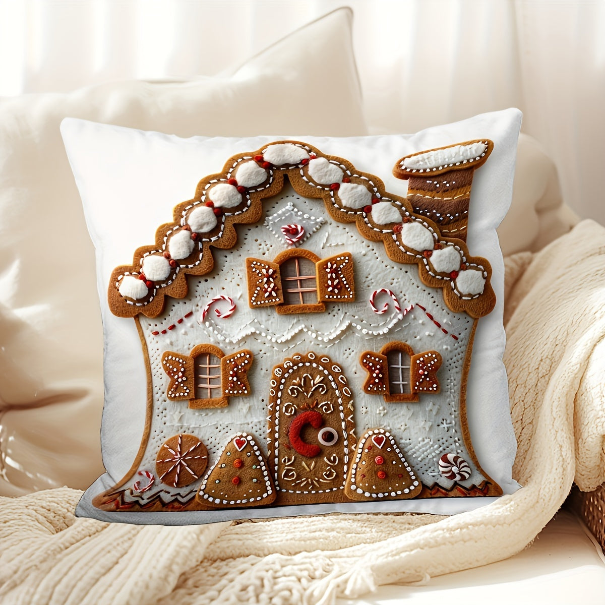 1PC Contemporary Gingerbread House Throw Pillow Cover, 100% Polyester with Zipper Closure, Machine Washable - Festive Christmas Design, 45.72x45.72 cm. Ideal for Living Room, Sofa, Farmhouse, Porch.