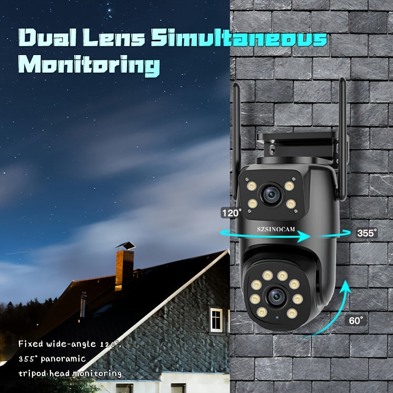 Sszinocam Dual-Lens WiFi Security Camera offers 720P HD resolution, AI Human Tracking, Color Night Vision, Two-Way Audio, Motion Alerts, Pan/Tilt Rotation, Quad HO Wall Mount, and USB Power