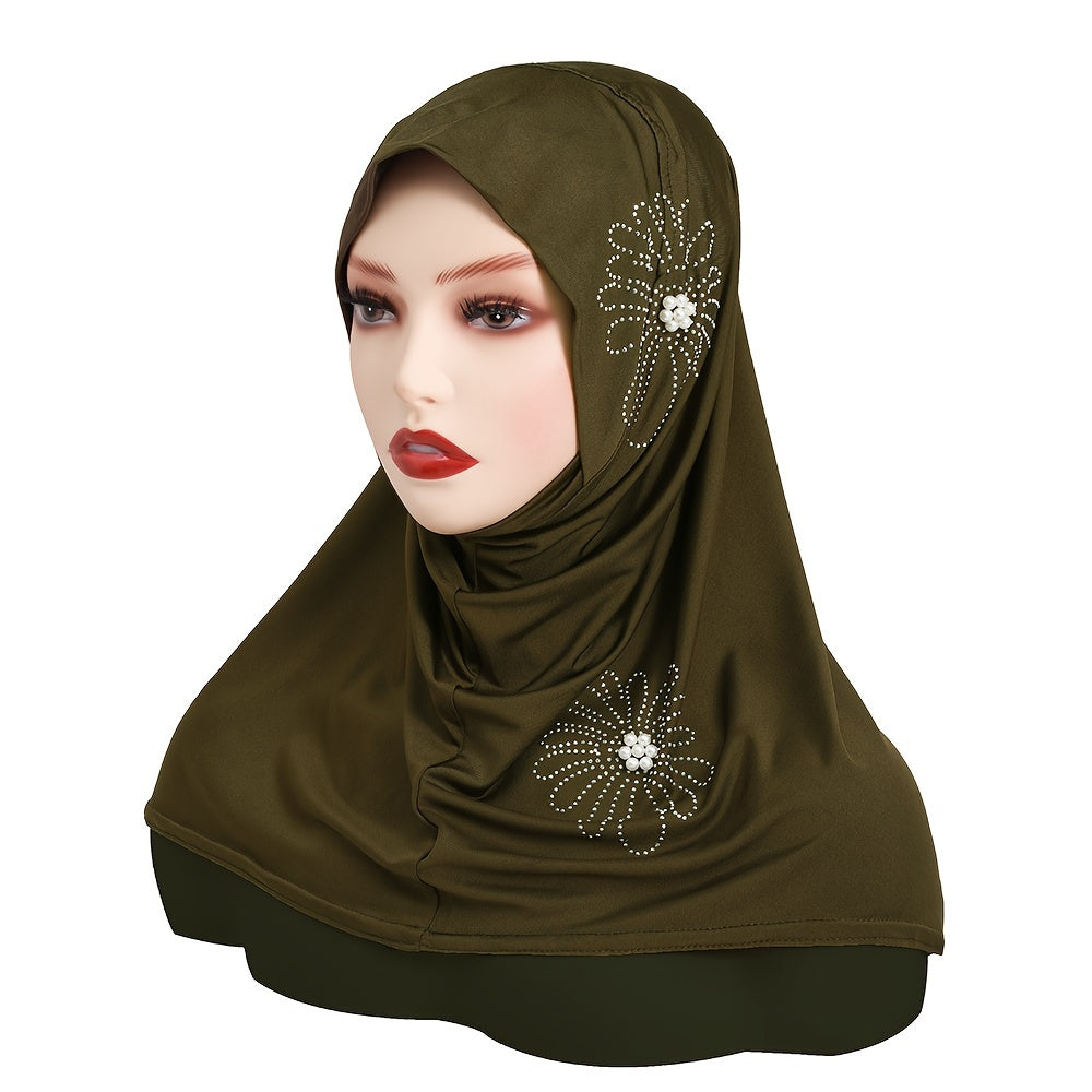 Women's Solid Color Elastic Polyester Hijab with Rhinestone and Pearl accents, full coverage chin cap, easy wear instant scarf for casual use, 100% polyester woven fabric with decorative