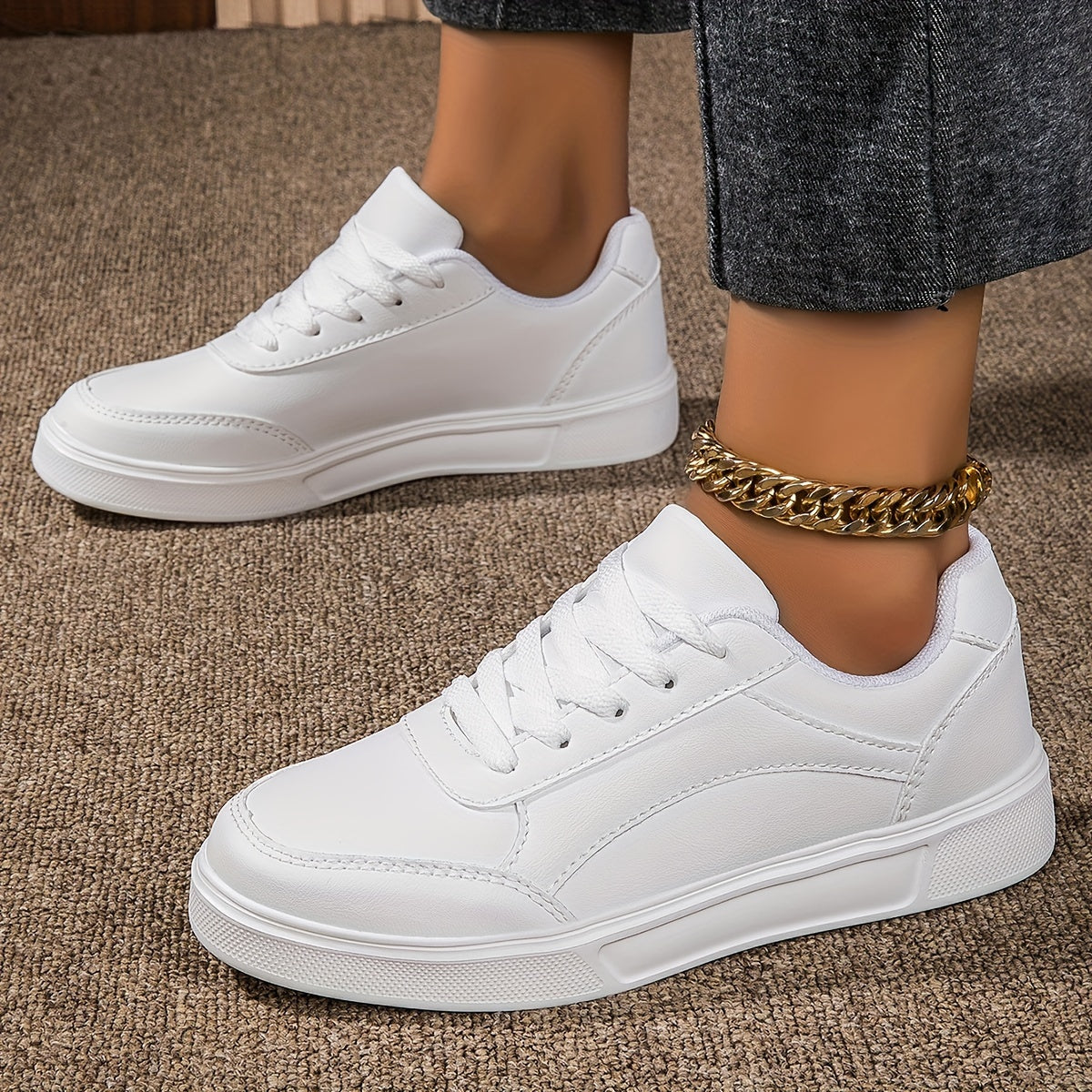 Women's Classic White Casual Sneakers - Lightweight, Comfortable, Lace-Up Skate Shoes with Round Toe and Low-Top Design