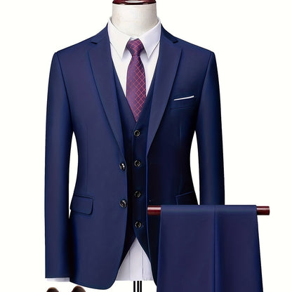 2024 Fashion New Men's Stretch Fabric Business 3pcs Set: Slim Fit Suit, Trousers, Waistcoat