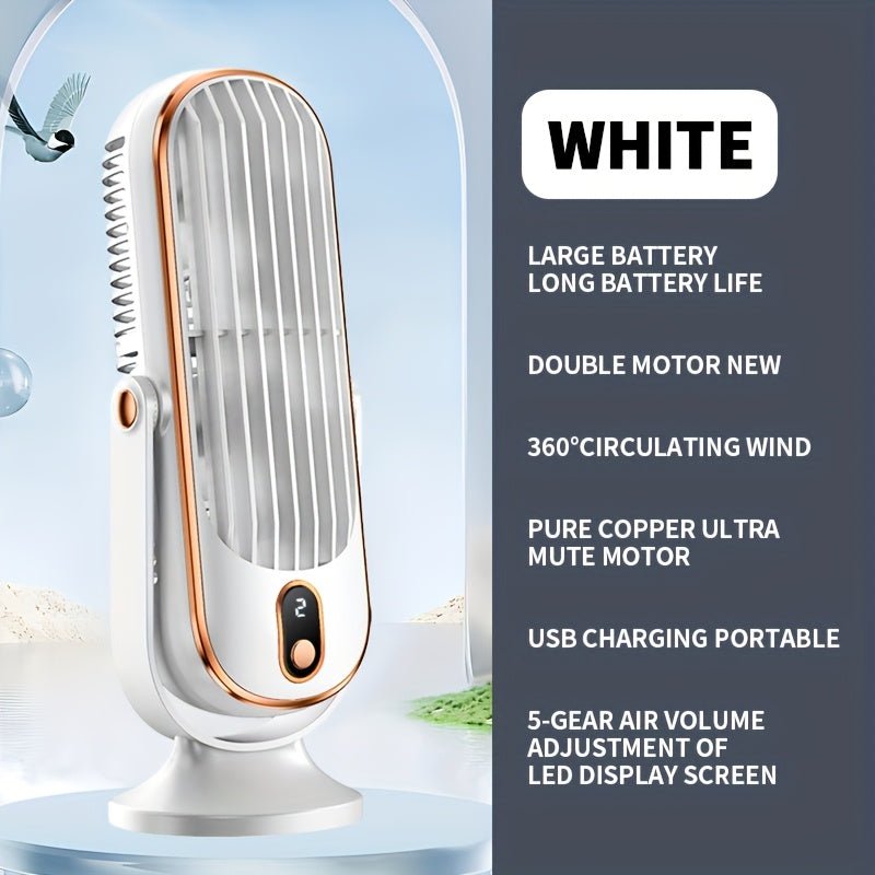 Compact and lightweight desk fan features 5-speed adjustment for customizable cooling. Perfect for use at home, in the bedroom, or while camping outdoors. USB rechargeable for convenience.