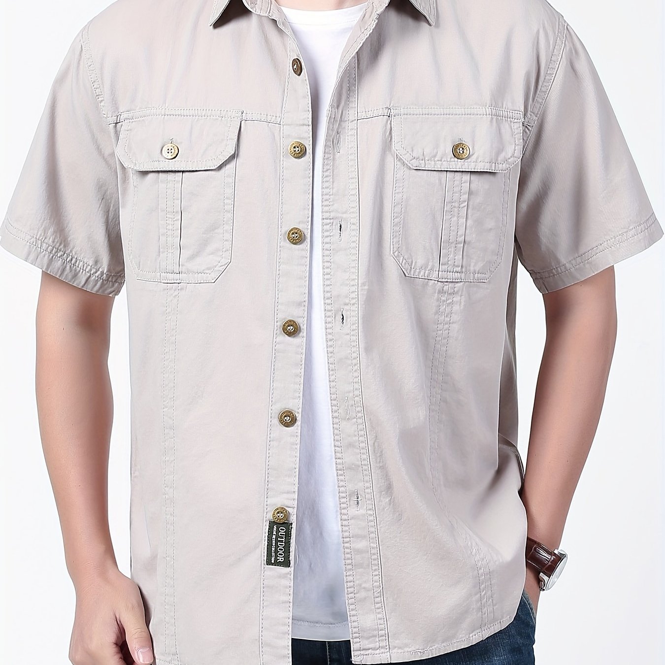 Men's Summer Cotton Cargo Shirt: Casual, Lightweight with Dual Pockets and Button-Up Collar.