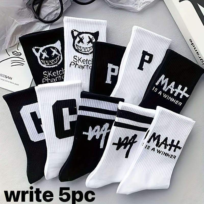 5 pairs of unisex couple sports socks with geometric pattern, made of 95% polyester and 5% spandex. Suitable for basketball and spring/autumn season. Color: Black and white. Mid-calf length.