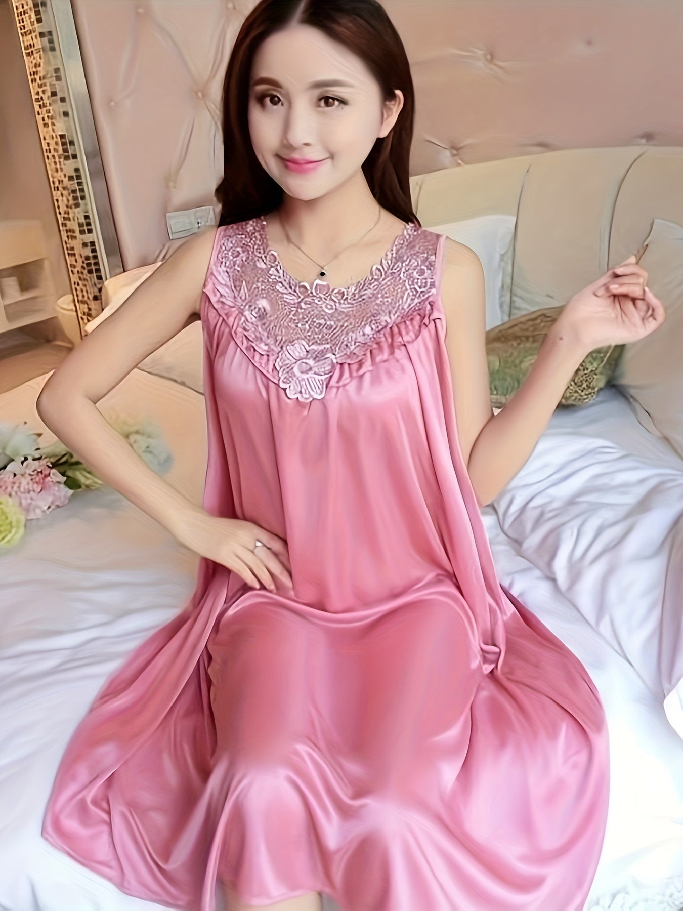 Lace detailed, sleeveless nightgown in solid color made from lightweight polyester, perfect for summer nights. One size fits all with a straight skirt silhouette.