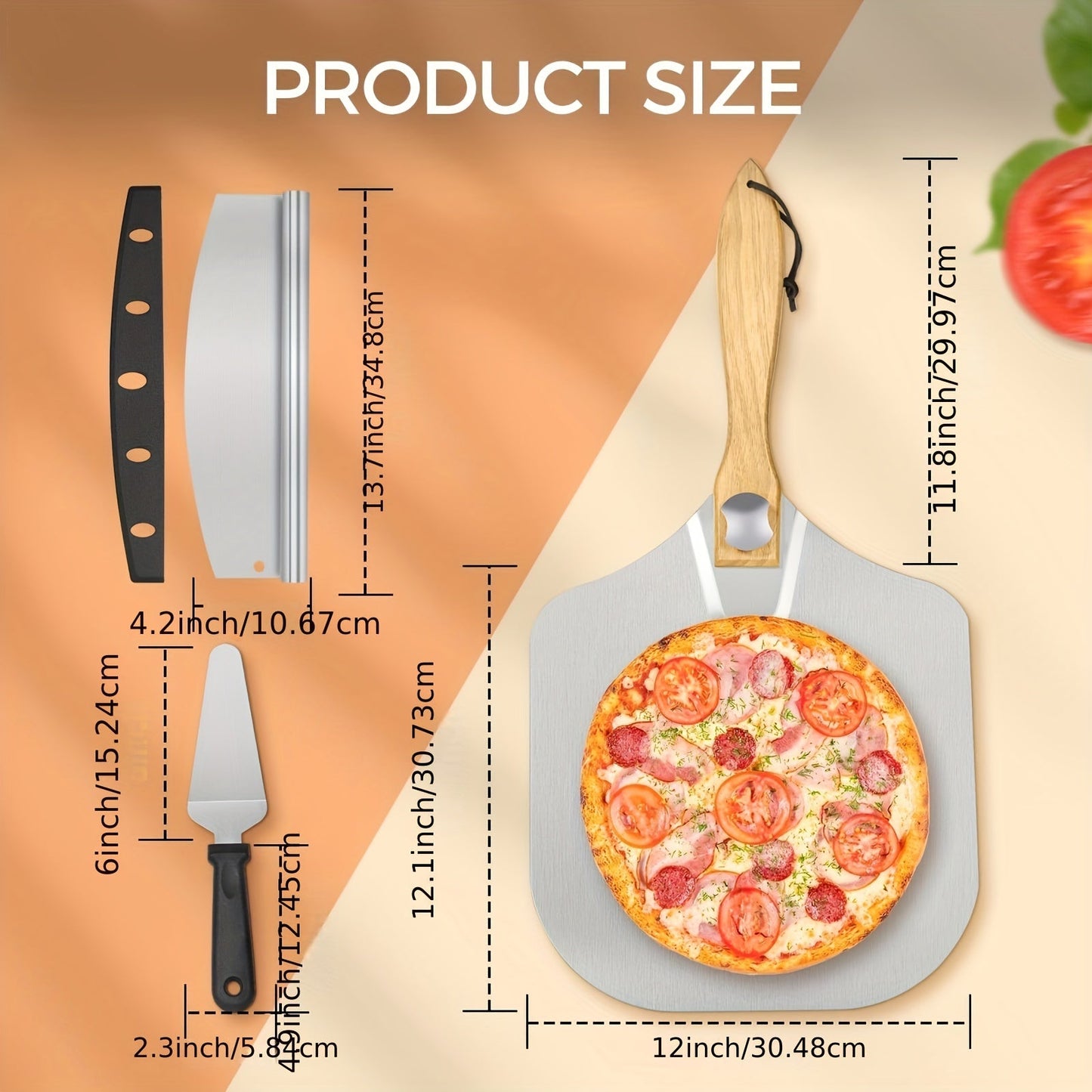 Metal Pizza Peel Set with Wooden Handle, measuring 30.48x35.56 cm. This set includes a Foldable Metal Pizza Peel with Swing Dough Scraper - perfect for Home Pizza Oven Baking. The durable Metal Pizza Board is ideal for handling Dough, Bread, and Pastries.