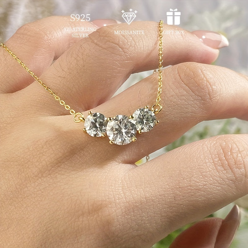 Luxurious Hypoallergenic Three Stone Necklace in 925 Sterling Silver with 2-4ct Moissanite. Perfect Gift for Valentine's Day or Birthday, Comes with Moissanite Certificate and Elegant Gift Box, Ideal for Women.