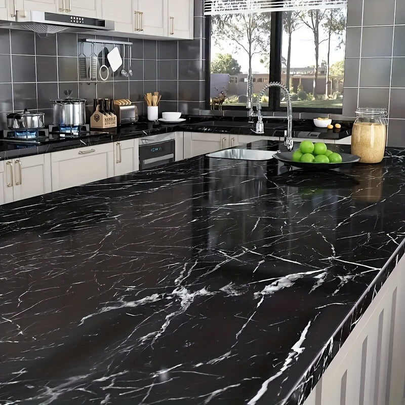 High-end Self-Adhesive Wallpaper in Black Marble - Resistant to Water, Oil, and Heat, Effortless Peel & Stick for Kitchen, Furniture, and DIY Projects.