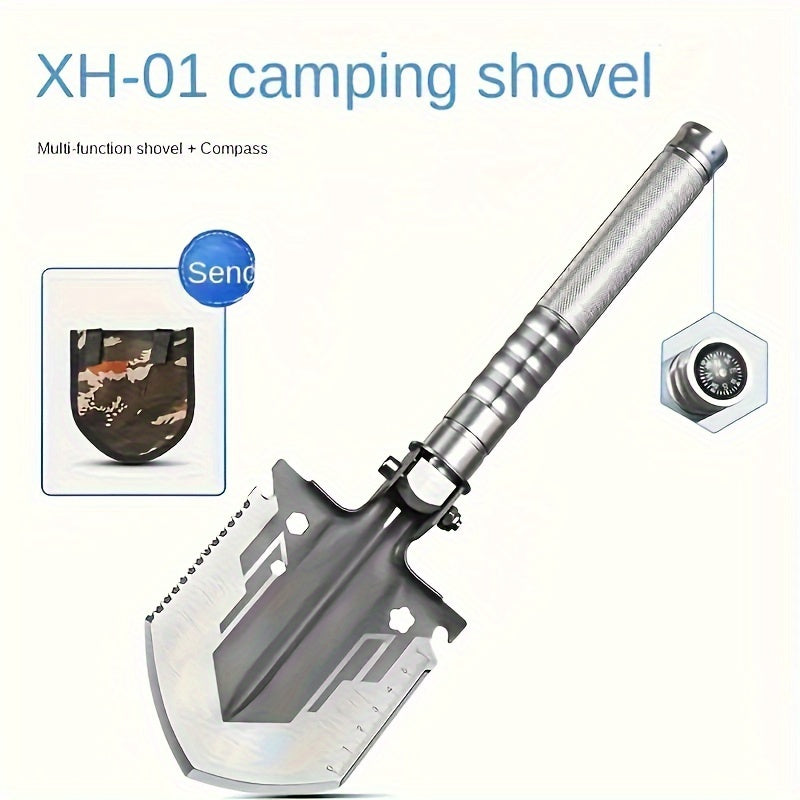 15+ in 1 Tungsten Steel Camping Shovel with Survival Tools for Outdoor Activities and Emergencies.