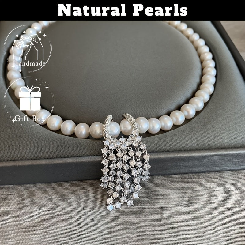 Sophisticated Tassel Necklace featuring Freshwater Pearls and Zirconia - Stylish Collar Necklace with Distinctive Imperfections, Ideal for Formal Events and Everyday Wear, Comes in a Beautiful Gift Box