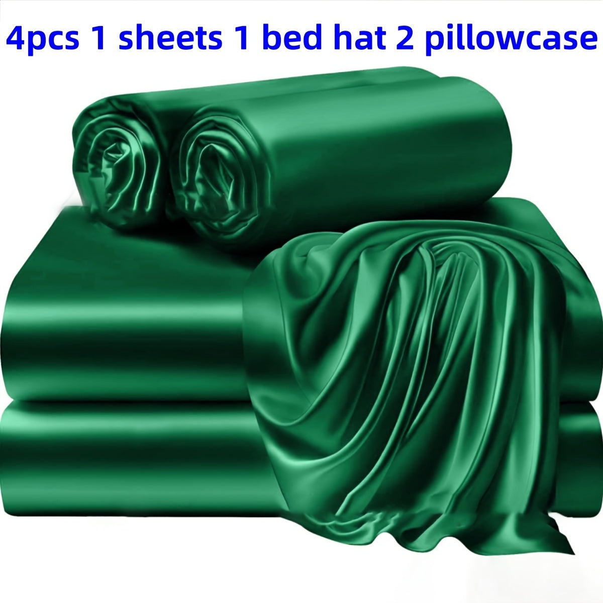 A set of three or four solid color bed sheets and bed skirts, along with half the number of pillowcases, all soft and silky.