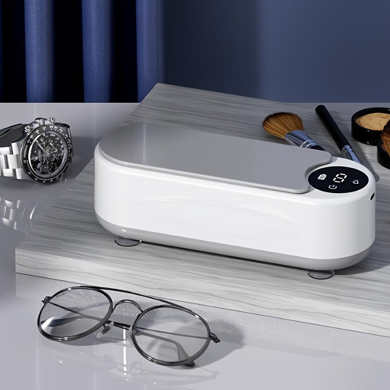 High-Frequency Soundwave Glasses Cleaner with Wireless Control, USB Rechargeable, Multi-Purpose Cleaning for Eyewear & Accessories, Sleek White Design with Digital Display, Durable Plastic