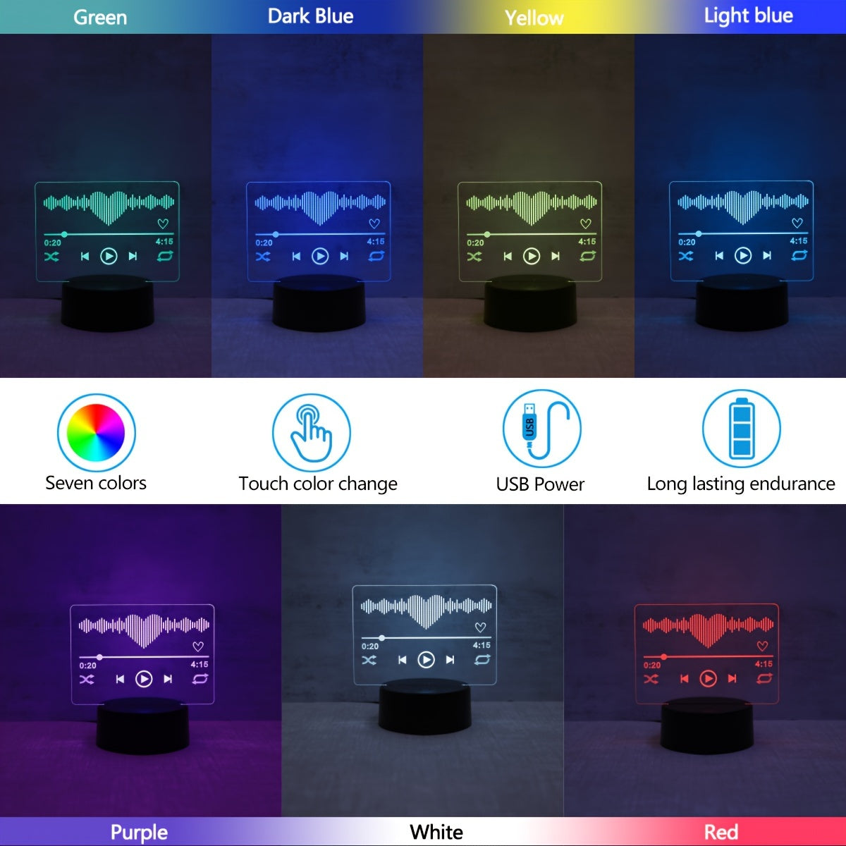 3D Music Player Night Light with Touch Control - USB-Powered, 7-Color Ambient Lighting for Bedroom & Living Room, Ideal Gift