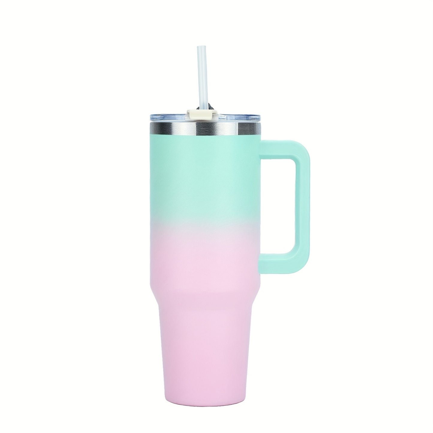 Stainless steel double-layer tumbler with handle, lid, and straw. Vacuum insulated for hot and cold beverages. Ideal for sports and outdoor activities.