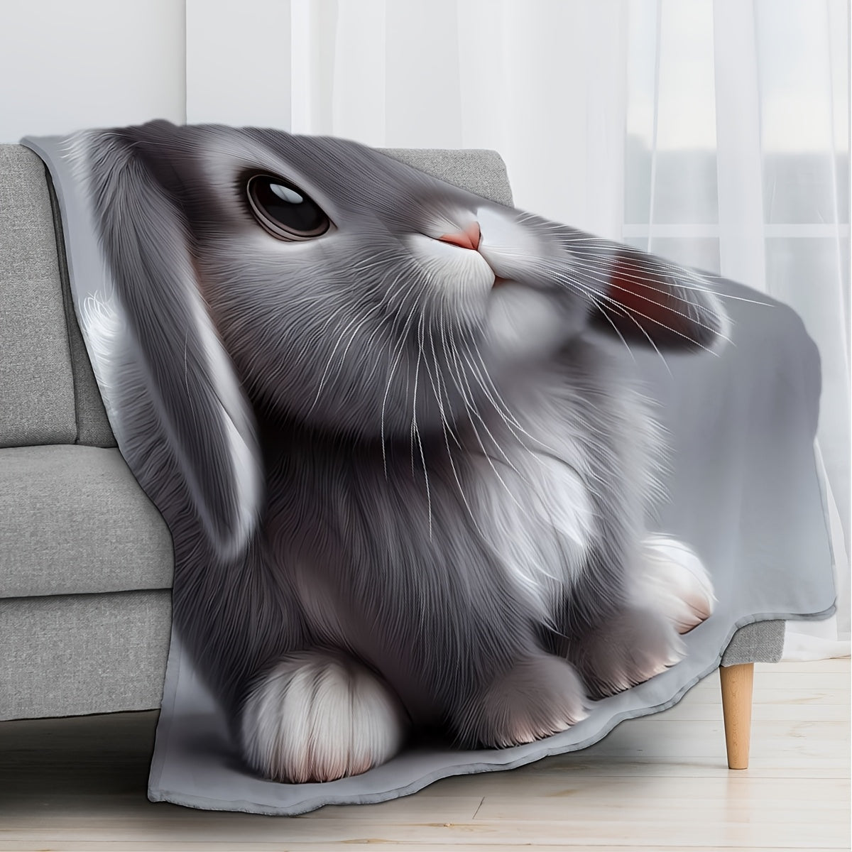 Soft, cuddly Gray Rabbit 3D Cartoon Plush Blanket - Suitable for year-round use, ideal for couch, trips, bedroom, car, work - Made from cozy polyester material