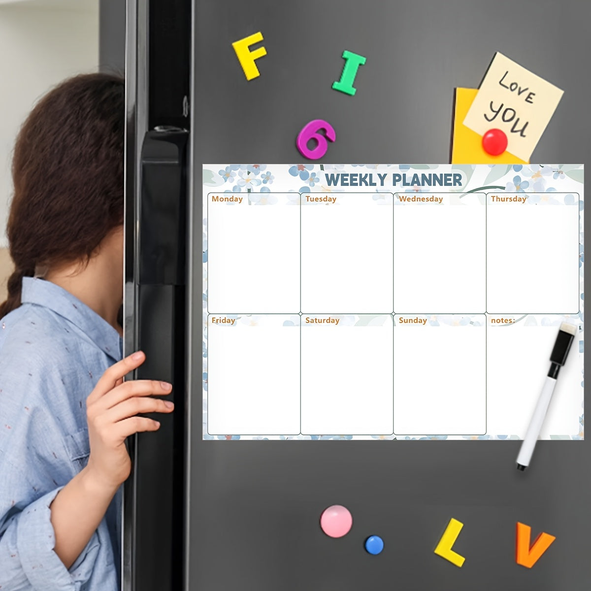 Floral & Botanical Magnetic Dry-Erase Whiteboard for Refrigerator - Ideal for Organizing Monthly, Weekly Schedules & Daily Reminders - Comes with Magnets, PVC Material, Rectangular Design, Easy Cleaning Feature, Calendar included