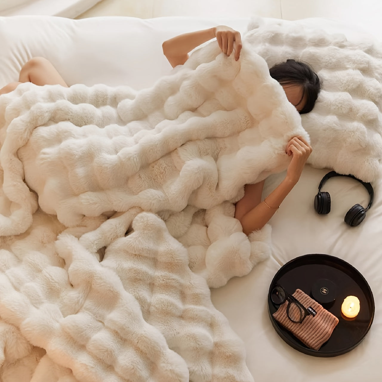 Soft and Cozy Plush Throw Blanket - Luxuriously Thick and Reversible Bubble Fleece Ideal for Travel, Sofa, Bed, and Home Decor - Easy Care, All-Season Comfort in White - Machine Washable.