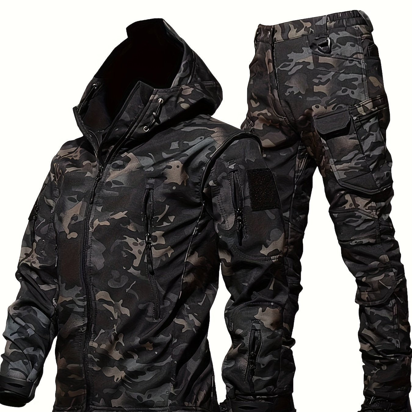 Men's Tactical Winter Set: Military Windproof Hooded Jacket & Cargo Pants in Camo, Fleece Lined. Polyester/Spandex Blend, 320g/m², Regular Fit, Sports Style.