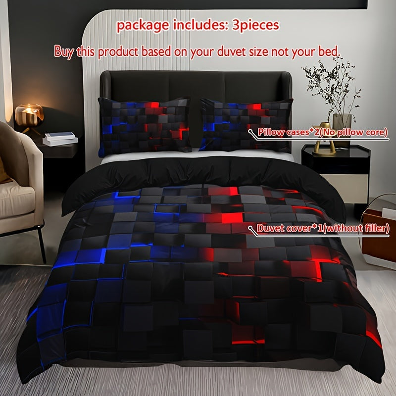 Bedroom or Guest Room Grid Print Bedding Set: Soft and Comfortable 3-Piece Duvet Cover Set includes 1 Duvet Cover and 2 Pillowcases, without core