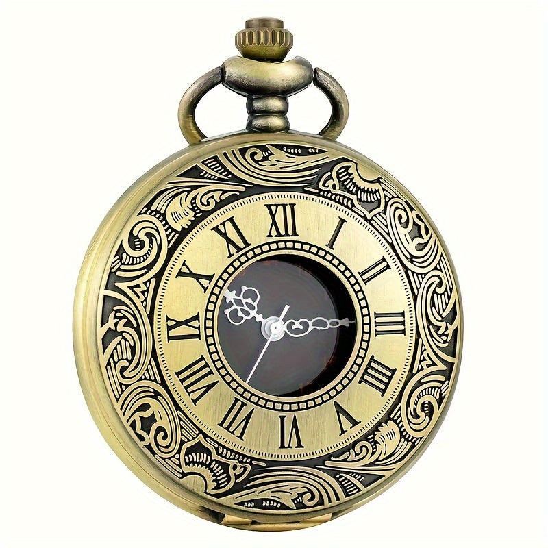 Stylish Vintage Men's Pocket Watch with Black Dial and Golden-Tone Chain - Elegant Roman Numerals, Quartz Movement, Non-Waterproof, Alloy Case - Perfect Gift for Couples on Birthdays or Holidays