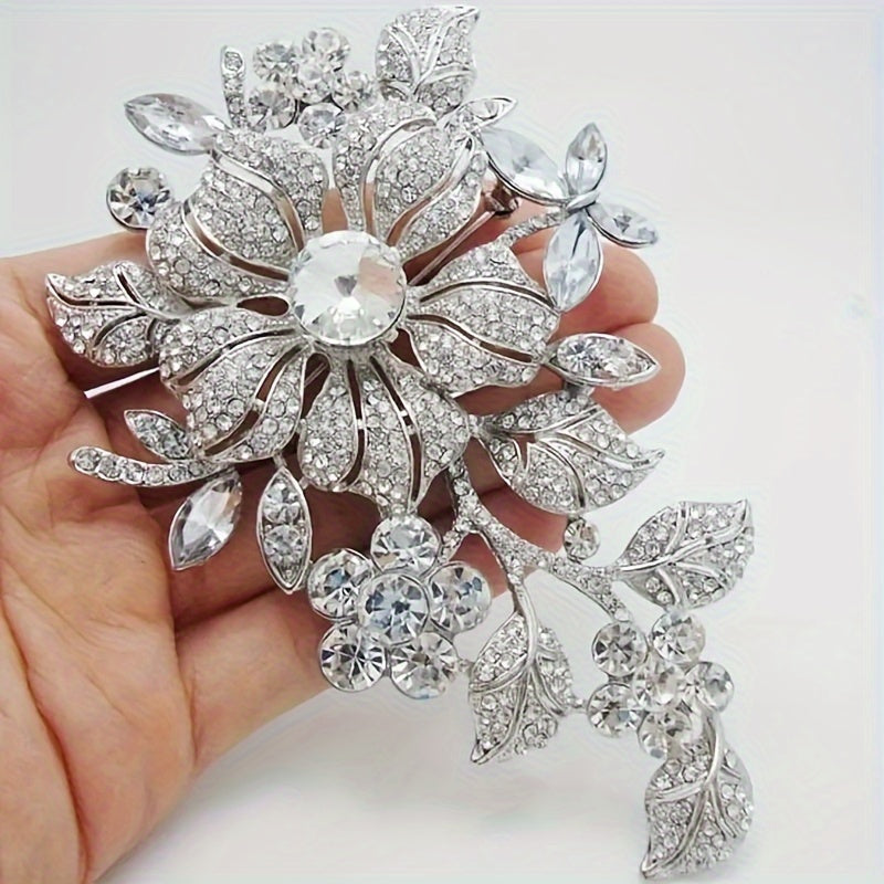 Elegant Floral Brooch Pin for Women - Beautiful Alloy Silvery-Tone with Rhinestone Accents, Fashion Accessory