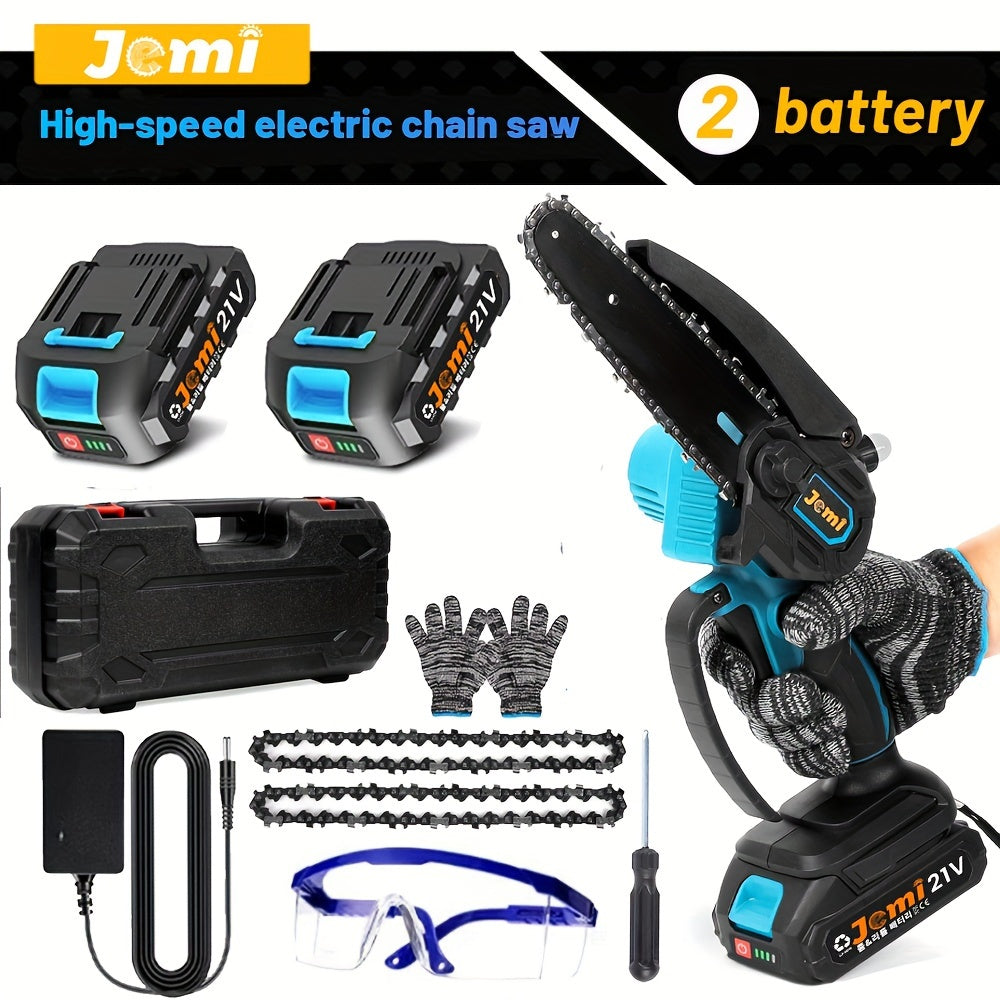 Jemi Mini Cordless Chainsaw with 15.24 cm chain, security lock, and automatic oiler. Battery-powered with manganese steel chain, includes 2 x 21V lithium batteries. Ideal for wood cutting