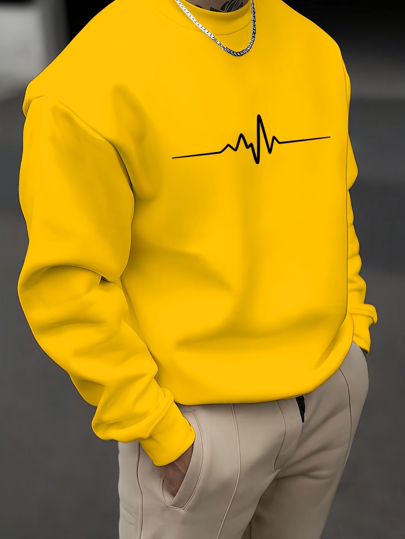 Men's long sleeve crew neck sweatshirt with ECG pattern print, perfect for spring and autumn outdoor sports.