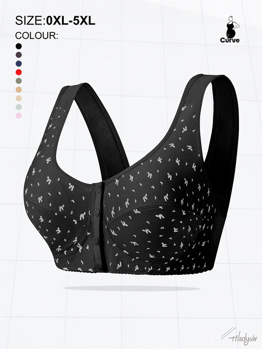 Large women's solid color front buckle vest style bra, comfortable and breathable with random printing, no steel ring.