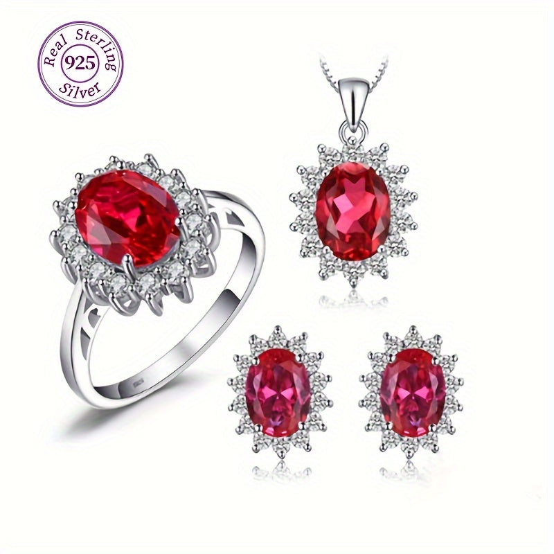 Complete your daily outfits with this high quality jewelry set, featuring a stunning 925 sterling silver necklace, ring, and pair of earrings. Each piece is inlaid with shining zirconia in multiple colors for you to choose from. Upgrade your look with