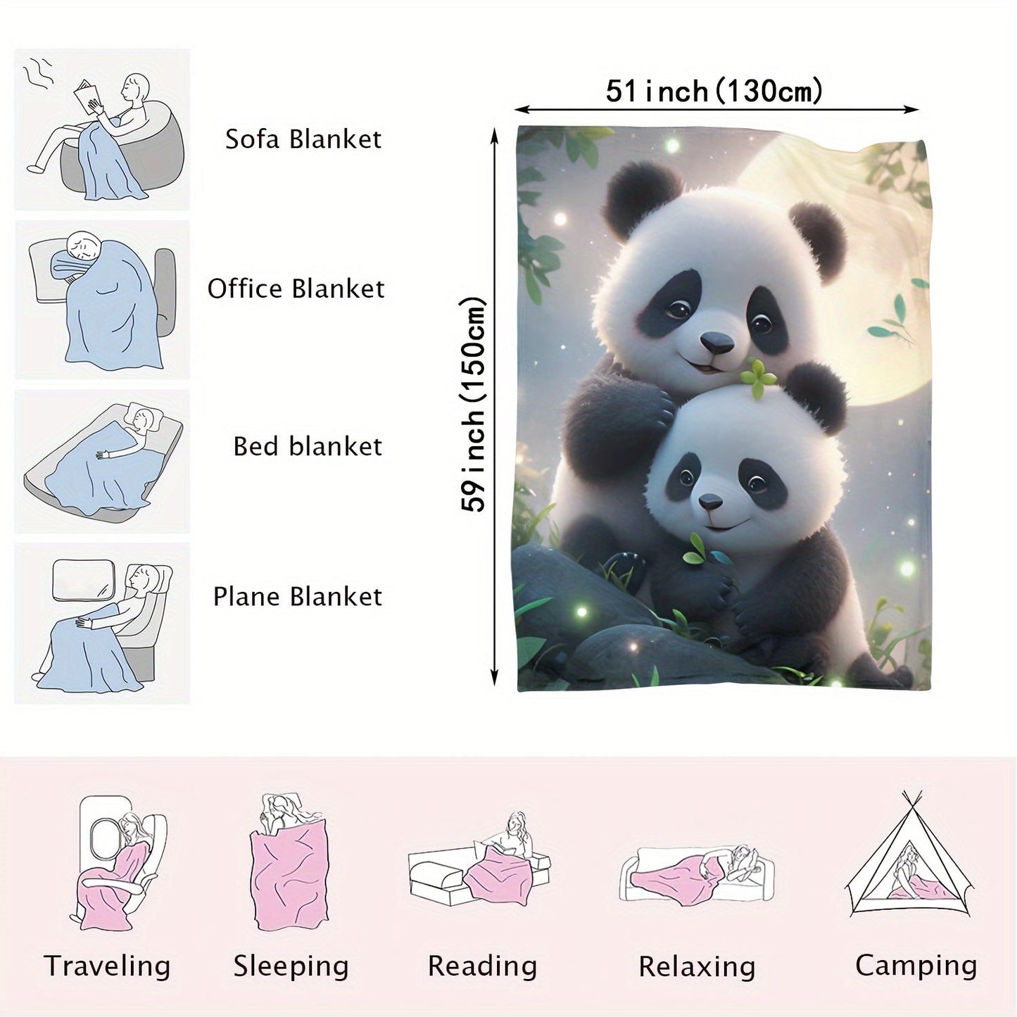 Soft and cozy panda print flannel throw blanket that is warm and versatile for use on the couch, bed, office, or camping. Features a stylish blue color.