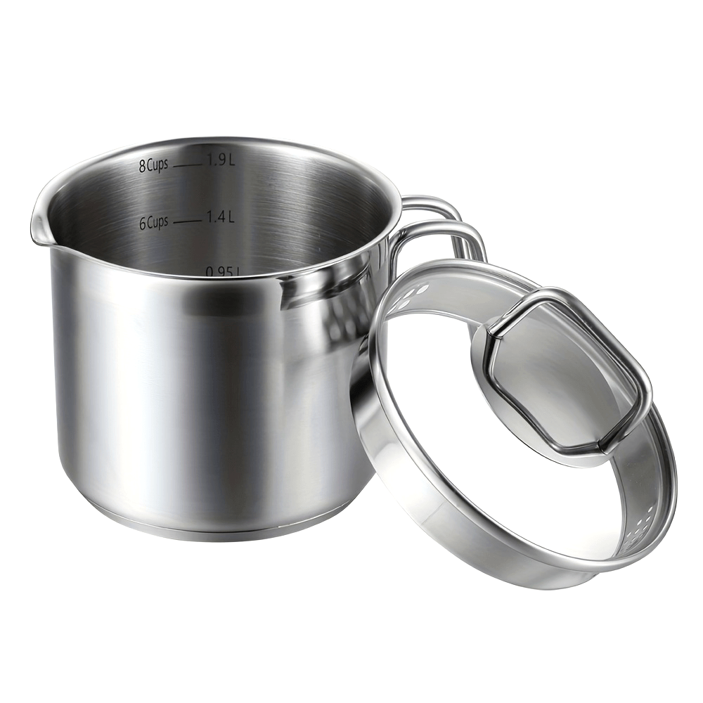 A 1.9L Kitchen Saucepan with Glass Lid, Ideal for Gas, Electric, and Glass Ceramic Cooktops - Features Measurement Marks, Pour Spout, and Induction Compatibility. Made from Stainless Steel.