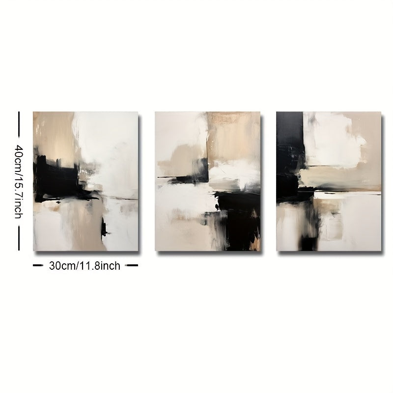 3 contemporary abstract canvas prints in black and beige for modern home decor - suitable for living room, bedroom, or office. Frame not included.