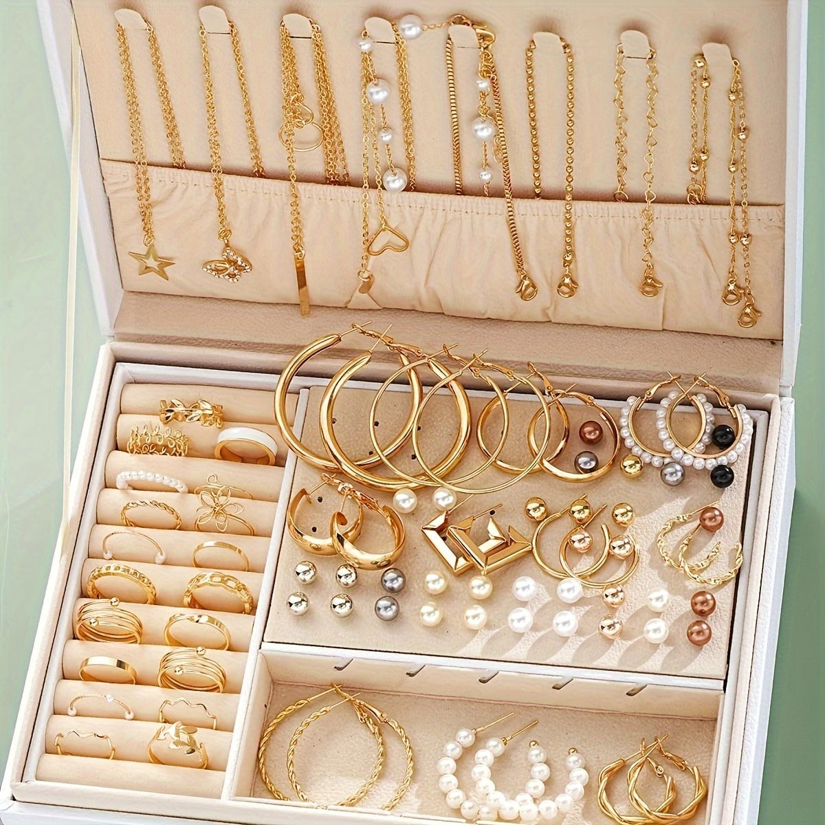 Elegant 91/114-piece Jewelry Collection for Women - Stylish & Minimalist Design featuring Faux Pearls and Rhinestone Details - Set includes Earrings, Rings, Necklaces, and Bracelets - Ideal for Everyday Wear, Special Events, and Celebrations - Packaging