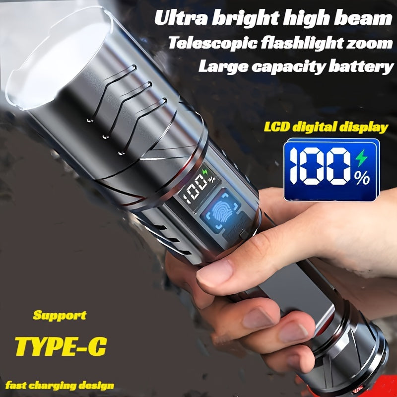 Tactical flashlight with digital display, rechargeable battery, USB charging, 350-500 lumen, 200-500m range, metal finish, ABS material, outdoor spotlight.