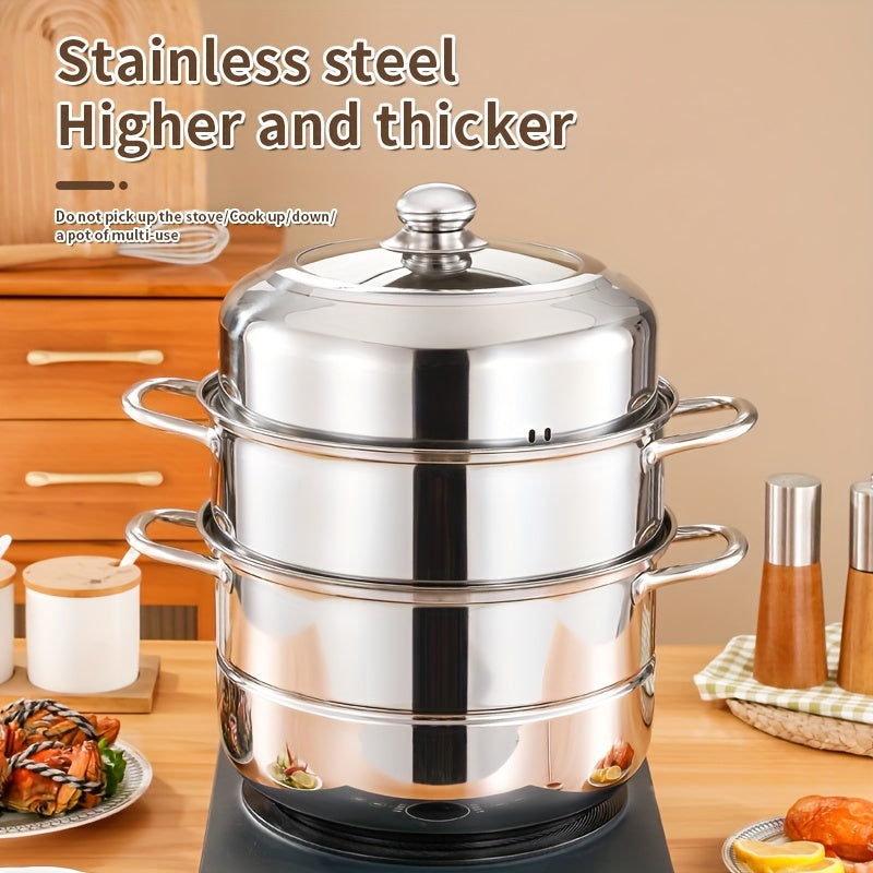 This versatile stainless steel steamer set includes a three-layer design with 1 soup pot, 1 steamer, 2 steamer plates, and 1 pot lid. With a deep capacity and multifunctional capabilities, this cooking pot can steam, boil, stew, and make soup with ease.