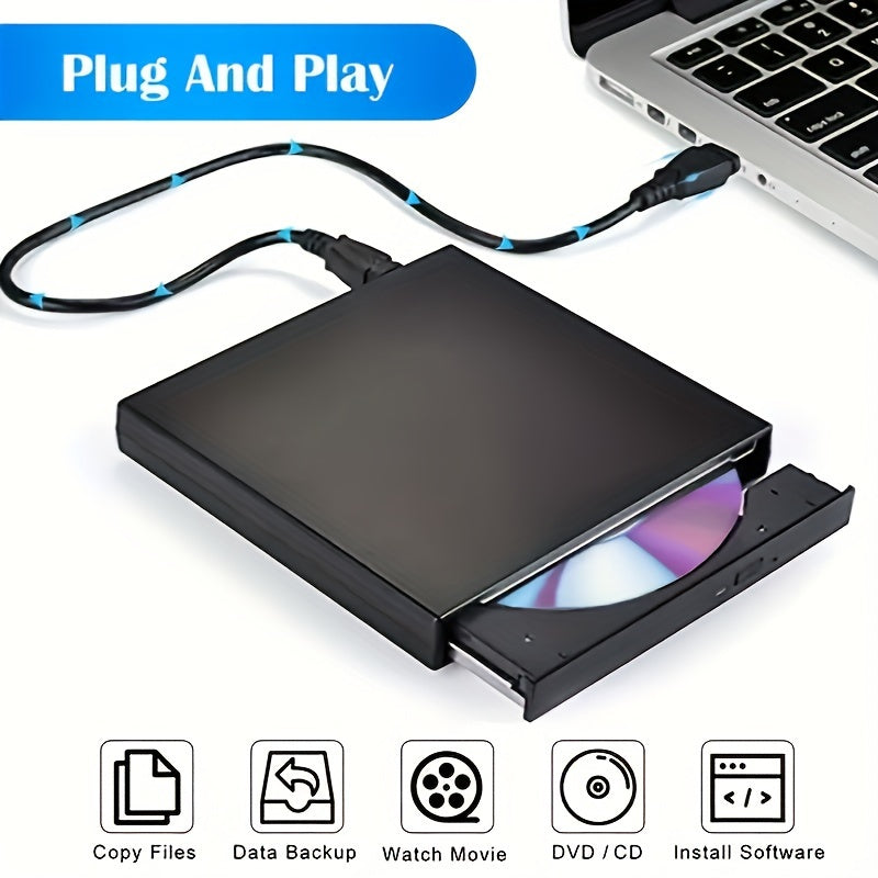 VVIA Slim Portable External DVD Drive is a high-speed CD/DVD-RW burner and player that is plug-and-play compatible with Windows and MacOS laptops, notebooks, and PCs.