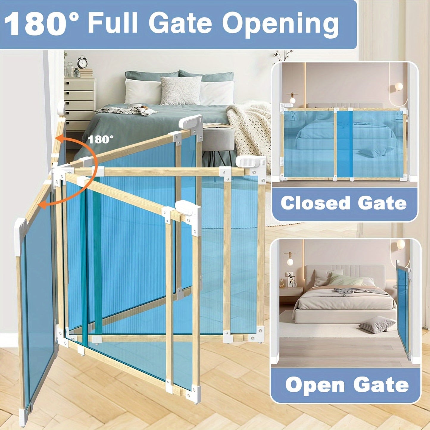 The TWO DADS Baby Gate is an expandable safety barrier for indoor use, suitable for staircases, doorways, and hallways. This puppy gate requires no assembly and can be easily installed with adhesive. It features a plastic hinge material and a sturdy