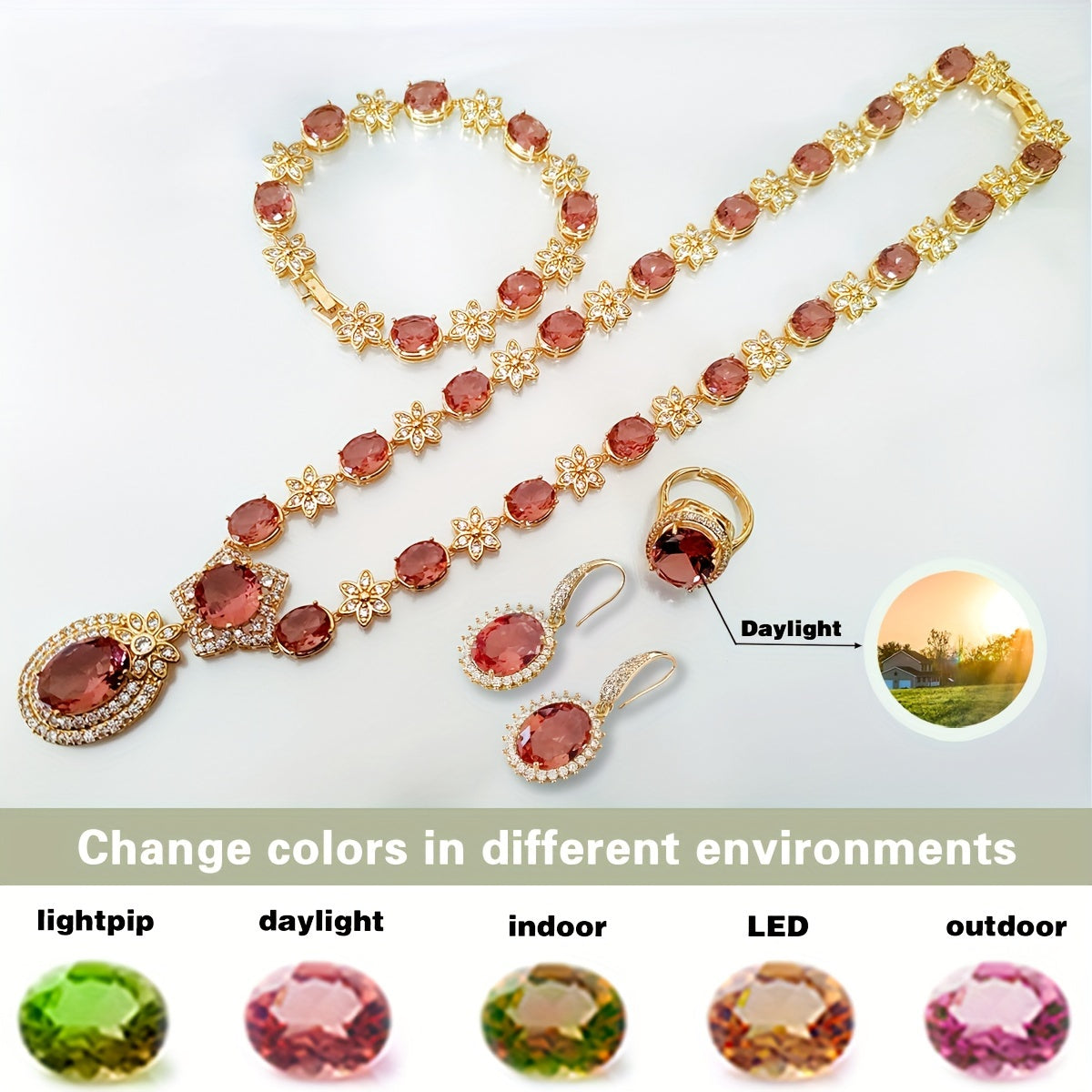 Introducing the MEETMAY Synthetic Color Changing Sultanite Diaspore Oval Sunflower Jewelry Set. This elegant copper-tone four-piece set includes a ring, earrings, bracelet, and necklace. The colors are customizable to adapt to different lighting