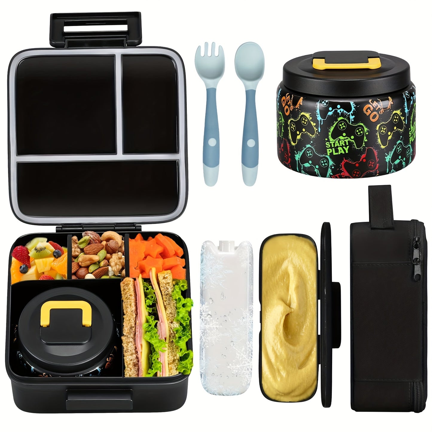 Kids' Bento Box Set with insulated food jar, lunch bag, ice pack, and utensils. Leak-proof container with 5 compartments, perfect for school or work.