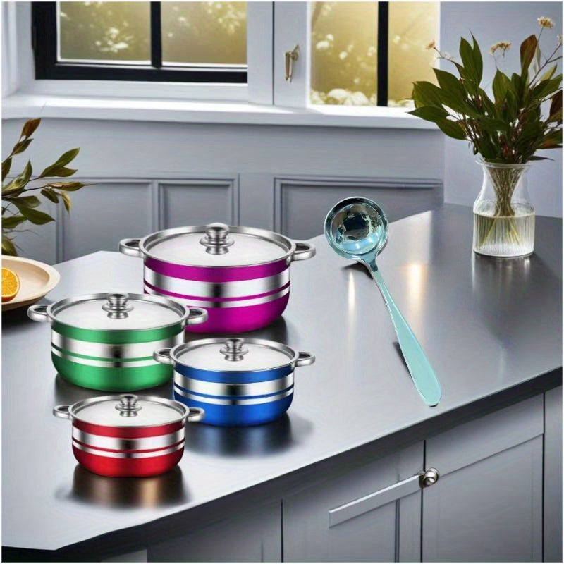 4-piece Set of Colorful Stainless Steel Cookware with Lids, Double-Bottomed Stockpots, and Serving Spoon - Suitable for all Stovetops - Must-Have Kitchen Essentials