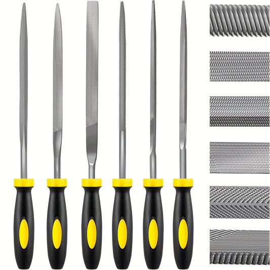 Set of 5 or 10 metal needle files made of hardened alloy steel, featuring various file shapes with durable plastic handles; no electricity or battery required.