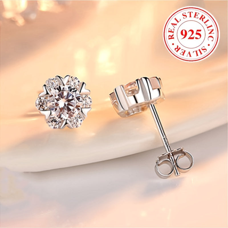 925 Sterling Silver Sparkling Stud Earrings with Flower Design, Hypoallergenic Zirconia Inlay- Delicate Christmas Gift for Women